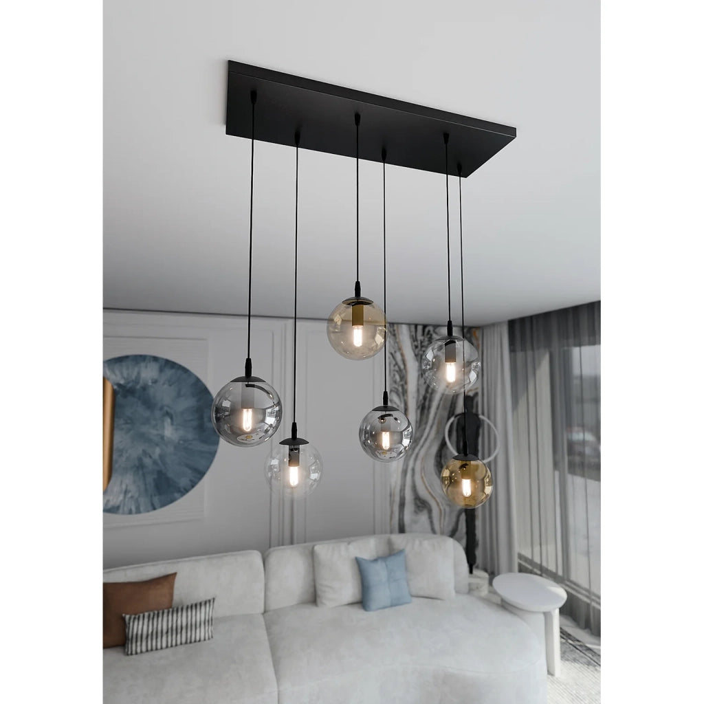 Sospensione Moderna 6 Luci Kali In Acciaio Nero E Sfere In Vetro Multicolor