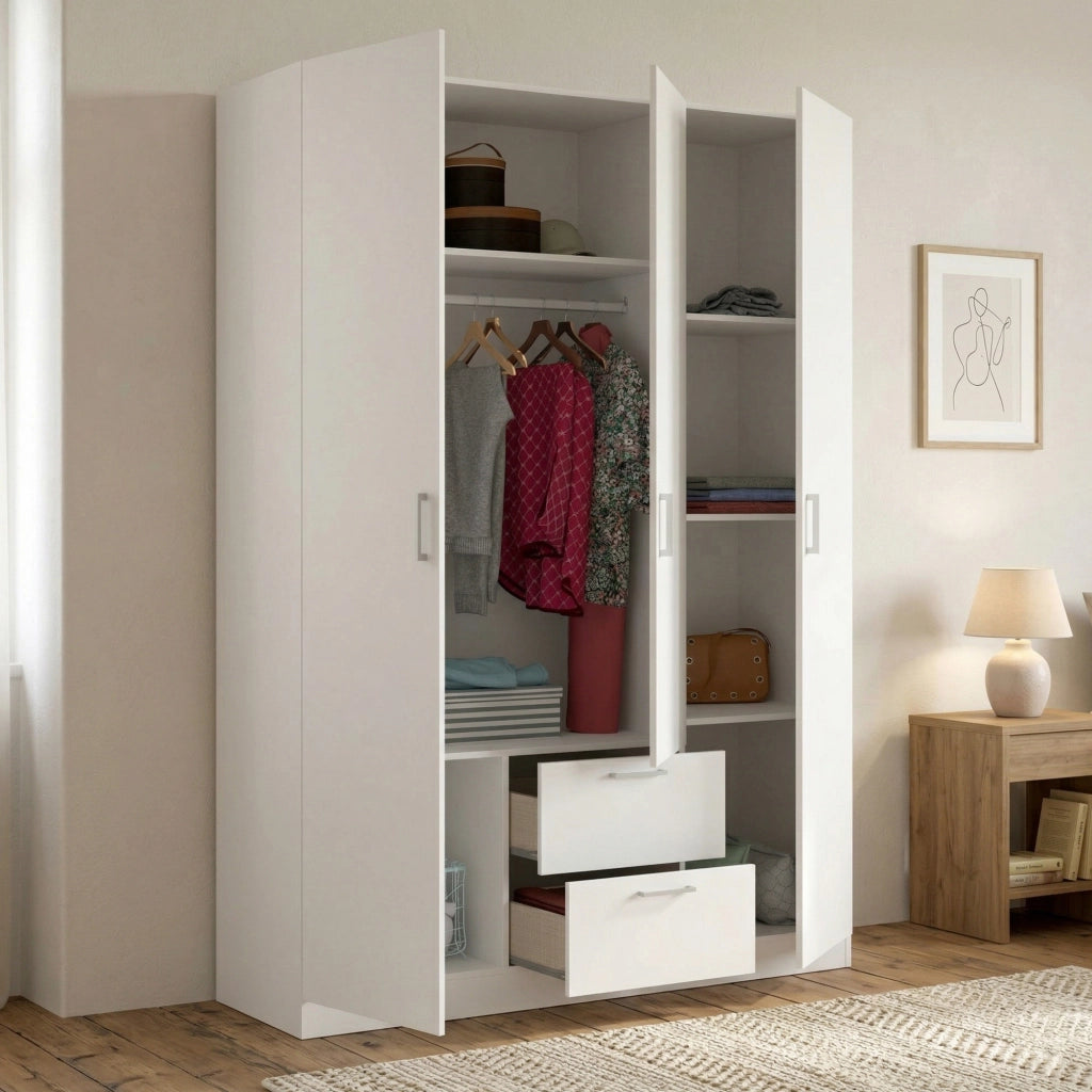 Guardaroba Ales, Mobile appendiabiti per camera da letto, Armadio a 3 ante battenti e 2 cassetti, 150x52h215 cm, Bianco