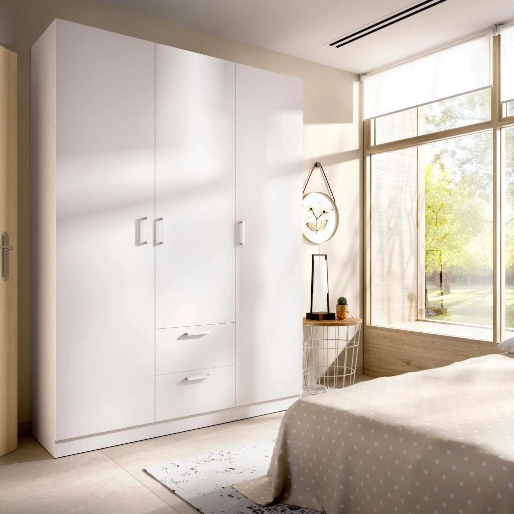 Guardaroba Ales, Mobile appendiabiti per camera da letto, Armadio a 3 ante battenti e 2 cassetti, 150x52h215 cm, Bianco