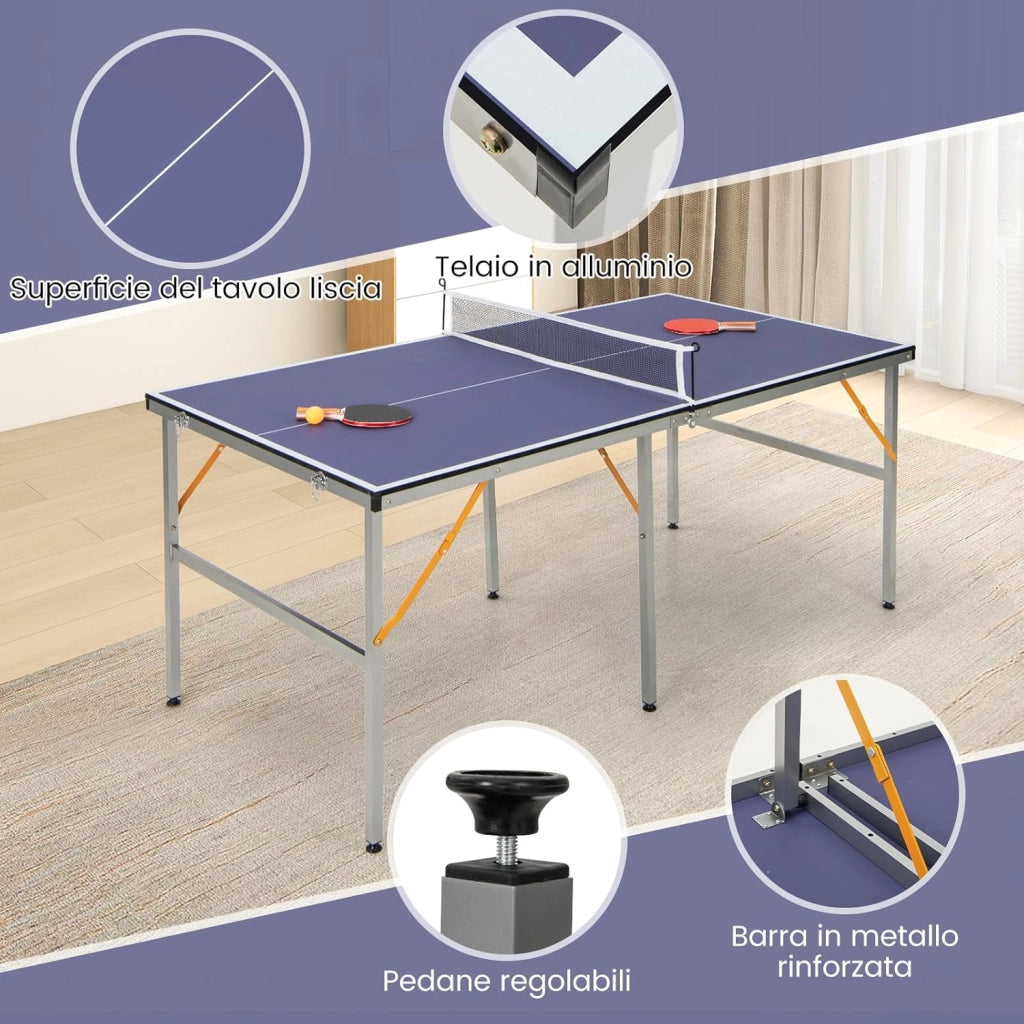 Tavolo da Ping Pong, Tavolo da Ping-Pong Pieghevole e Portatile con Rete, 2 Racchette, 3 Palline e Piedini Regolabili, Ideale per Interno ed Esterno