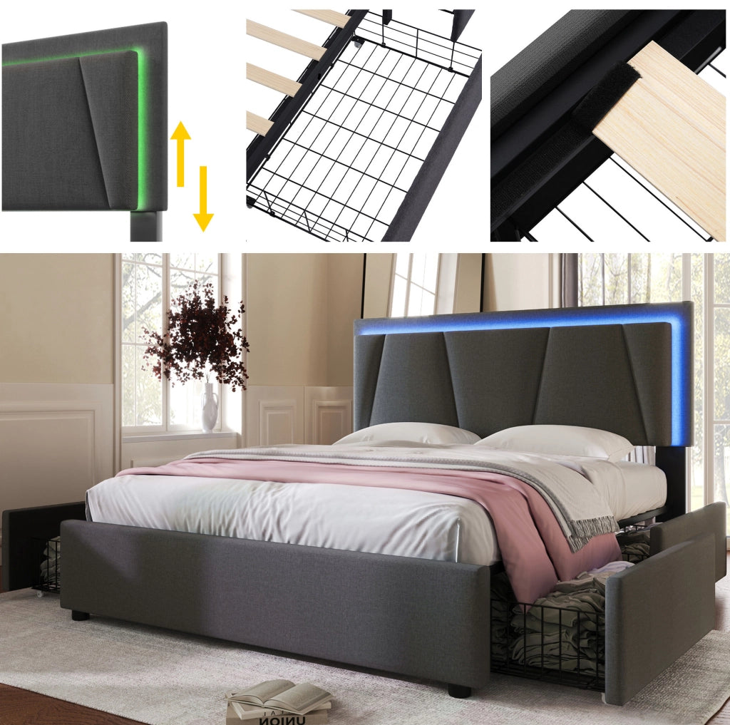 Letto matrimoniale 140x200 cm con testiera regolabile; LED e 4 cassetti; grigio