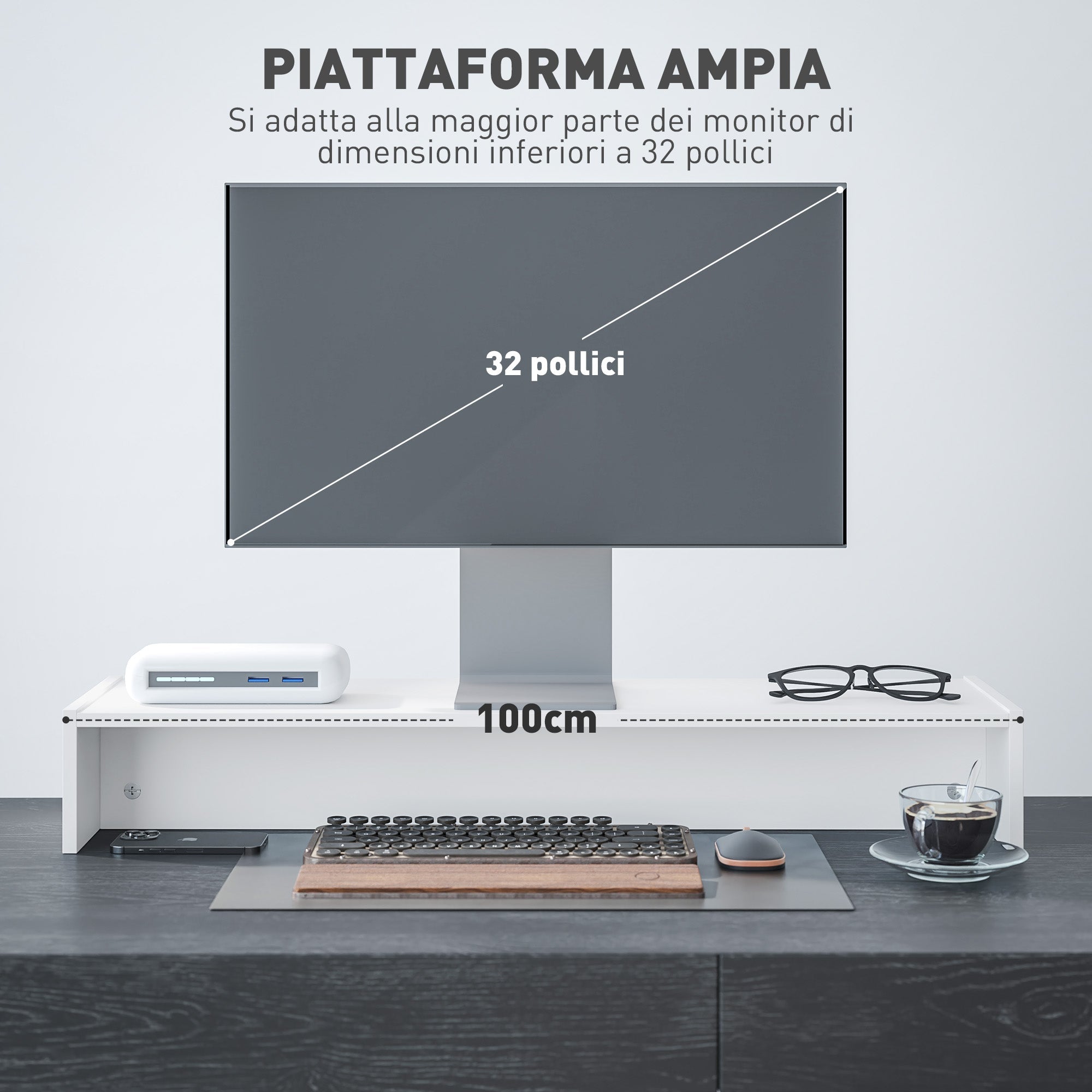 Supporto per Monitor 3 Vani 100x27x15 cm in Legno Bianco
