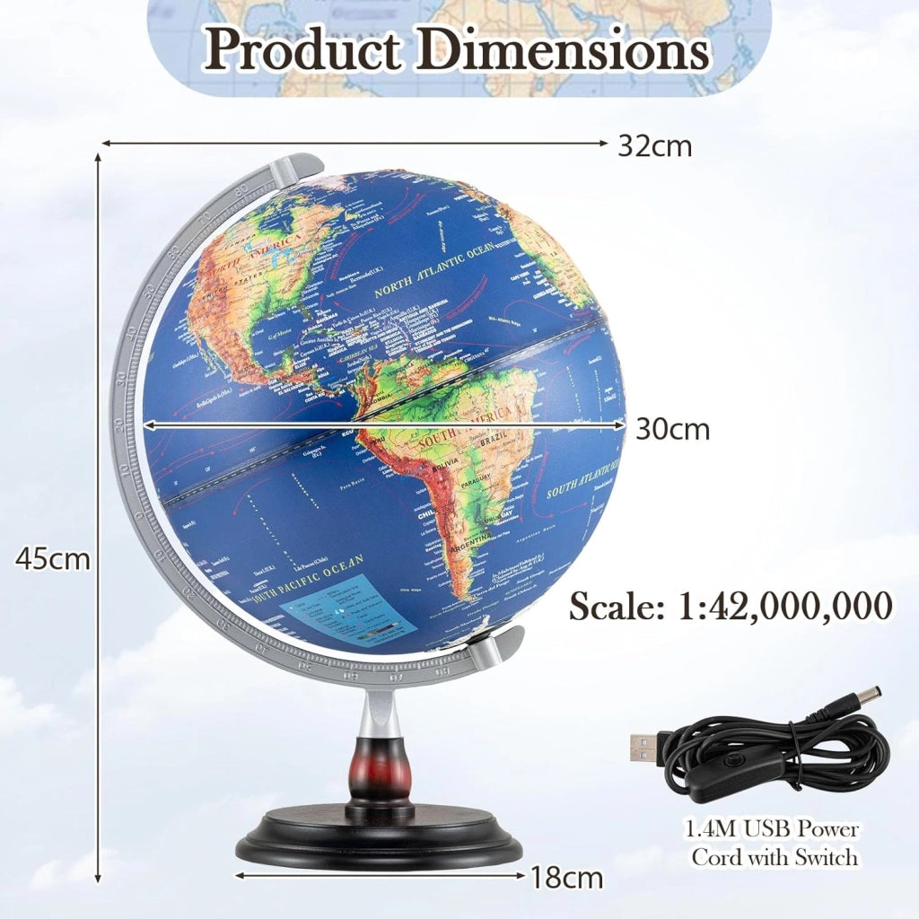 Globo illuminato da 30 cm, globo mondiale con mappa in rilievo, illuminazione a LED, display fuso orario, base in legno antiscivolo, globo geografico per studenti, educazione, decorazione
