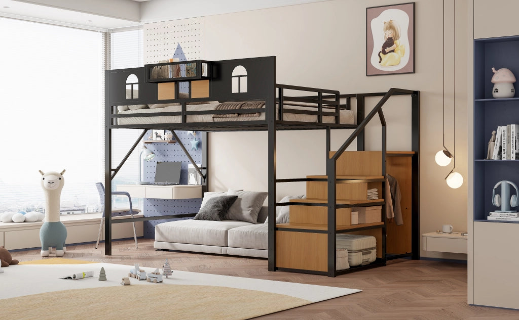 DESMIU Letto a soppalco 2 posti con mensola, scala contenitore e sponde, 140 × 200 cm, senza materasso