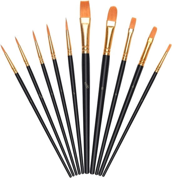 Set di pennelli acrilici - 10 diverse misure - pennelli nylon per artisti con punta liscia - per acrilico - Nero
