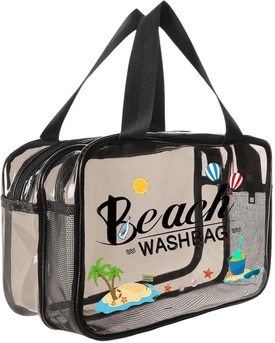 Borsa cosmetica trasparente, contenitore per bagno grande, valigetta con maniglia, borsa cosmetica trasparente, borsa per trucchi con separazione per prodotti secchi e umidi, borsa per bagno portatile