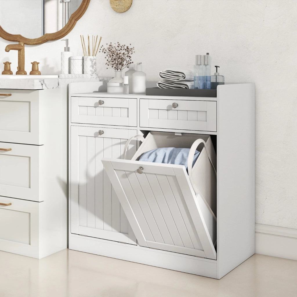 Mobiletto con cesto per biancheria doppio con 2 cesti, Mobiletto con cesto mobile da bagno indipendente Bianco-Cesti del bucato