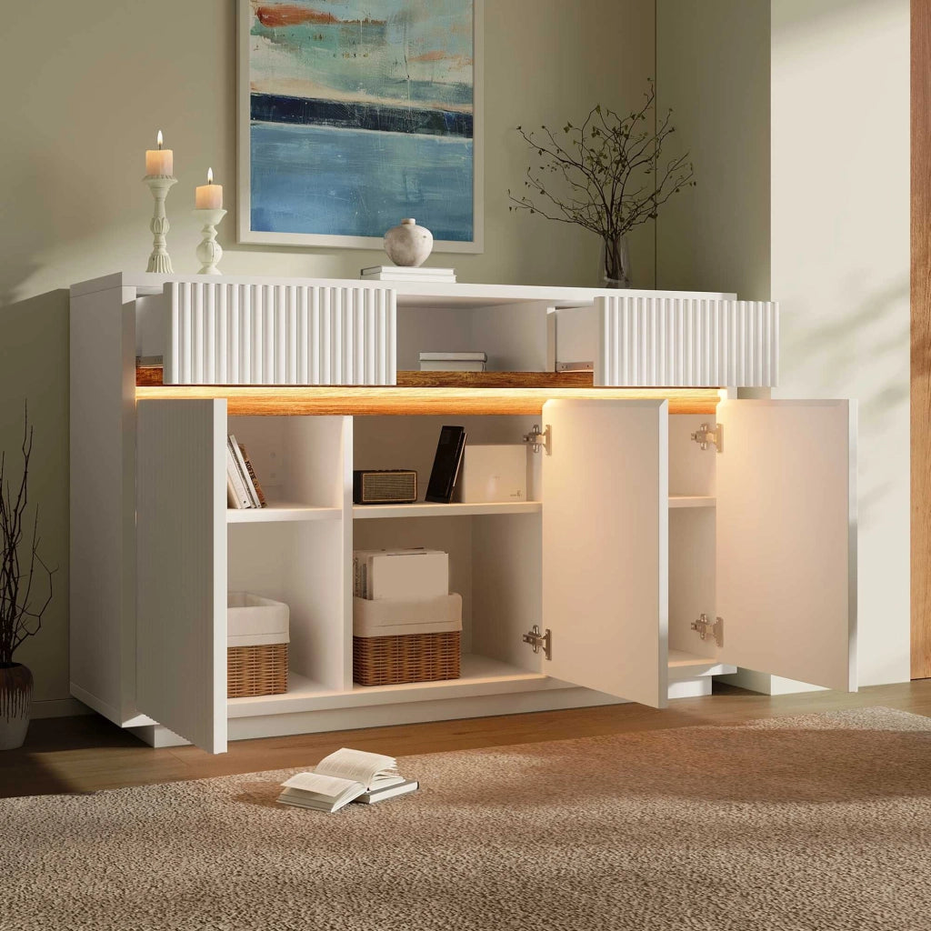 Credenza LED 140x40x85 cm bianca con 3 ante; 2 cassetti e ripiani regolabili