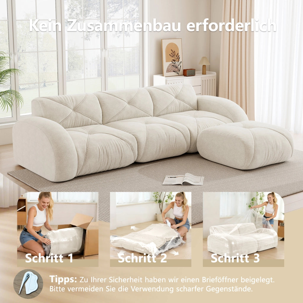 Divano angolare modulare in ciniglia con seduta morbida e base antiscivolo beige chiaro