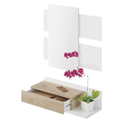 Mobile da ingresso Anro, Entratina sospesa con specchio, Mobile con cassetto per entrata, cm 75x29h90, Bianco lucido e Noce