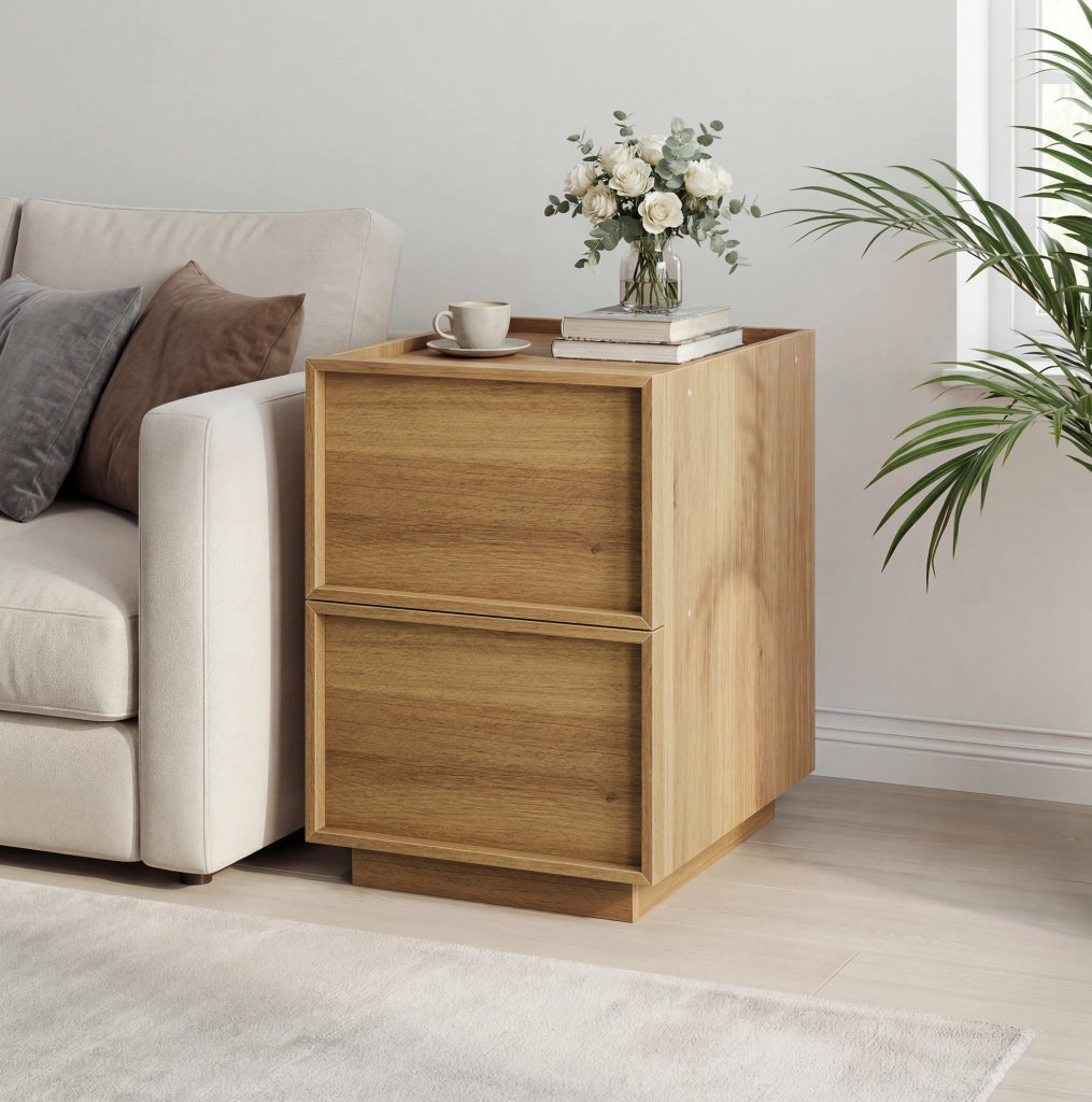Comodino 38x48x55 cm con 2 cassetti; design minimalista; in MDF e truciolato; naturale