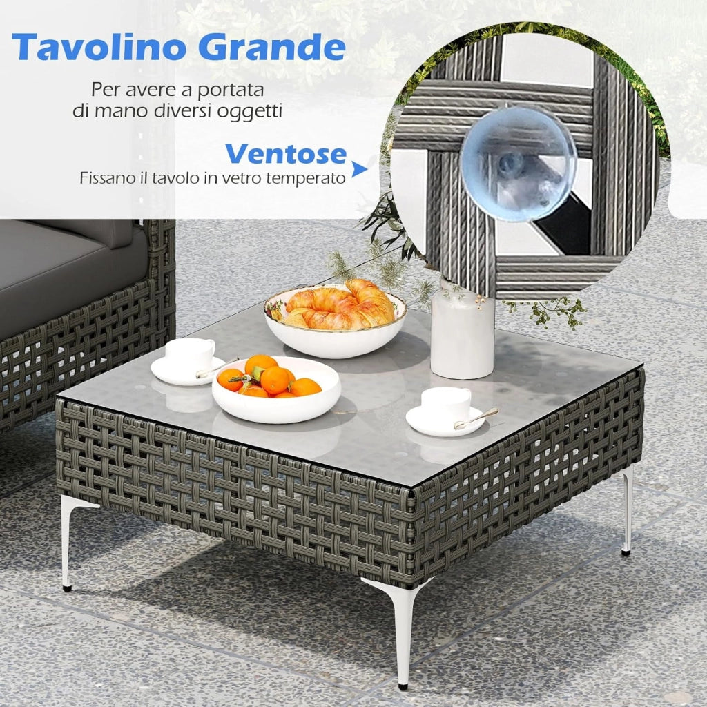 Tavolino e 2 Sedie da Giardino, Set da Conversazione in Rattan con Cuscini e Tavolino in Vetro Temperato, Set da Bistrò per Veranda, Balcone e Cortile (Stile 1)