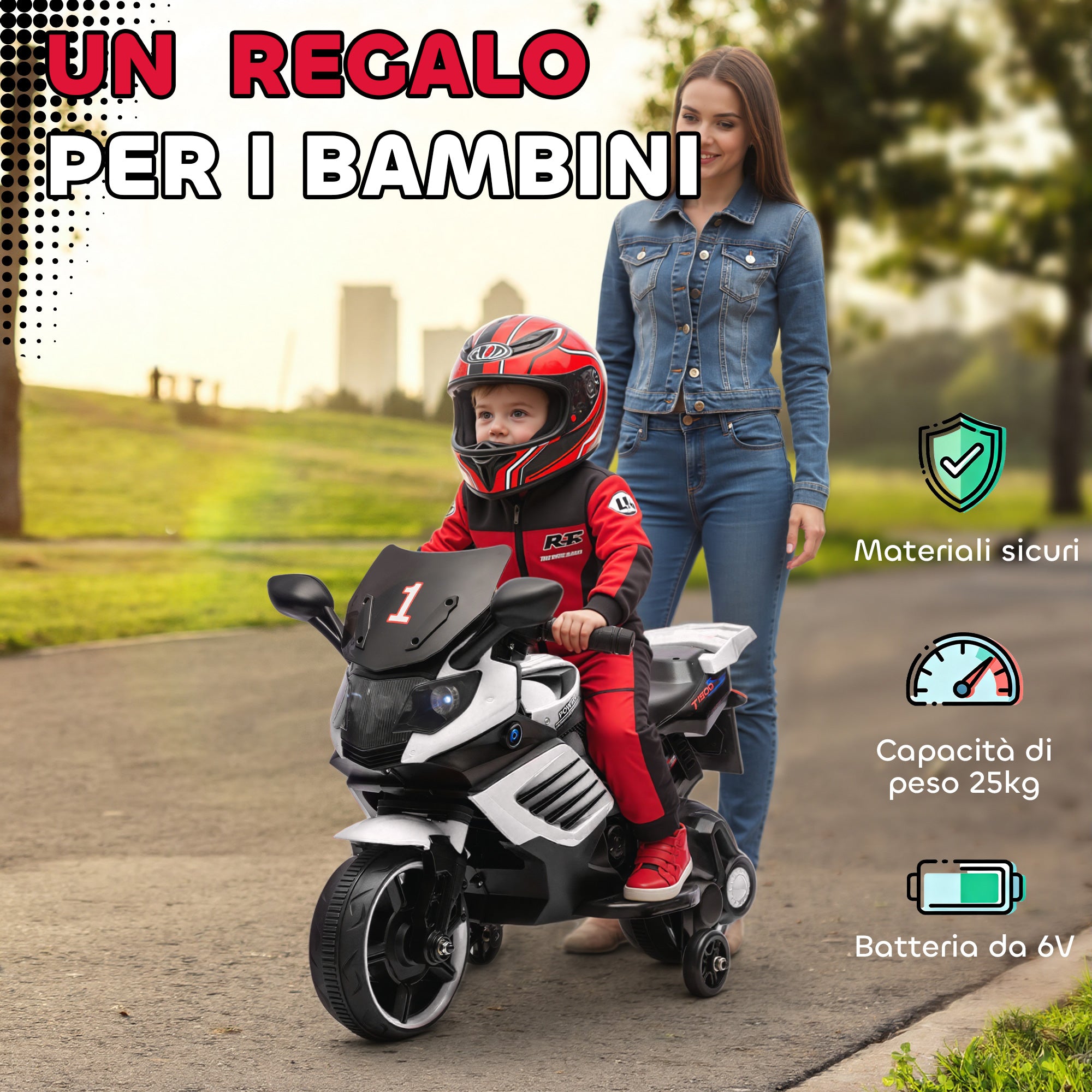 Moto Elettrica per Bambini da 6V con Rotelle Rimovibili Fari e Musiche Bianco