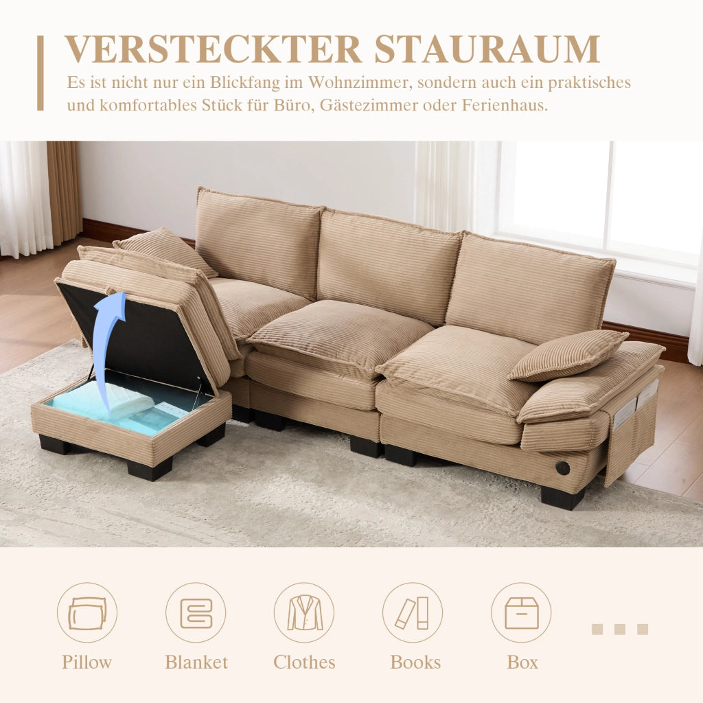 Canapé modulaire 3 posti con pouf, seduta ergonomica, porta USB-C e tasche laterali, in tessuto a coste khaki