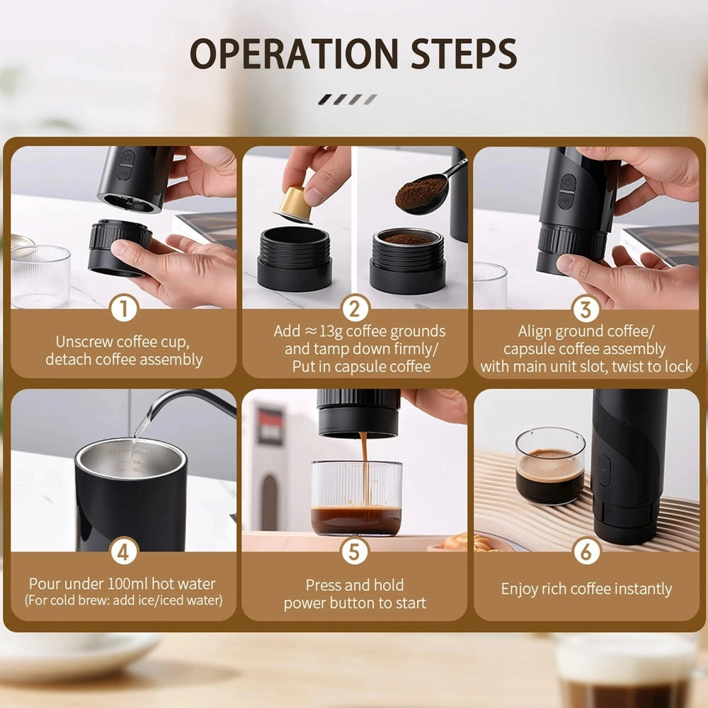 Trade Shop - Mini Macchina Per Caffè Espresso Portatile Ricaricabile 20 Bar 2in1 Per Capsule Macinato -
