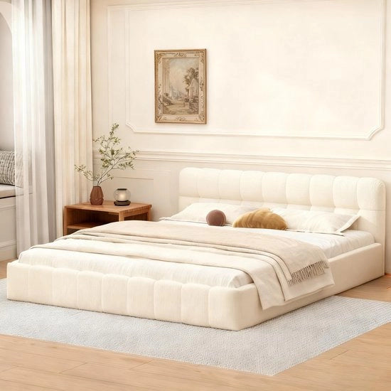 Letto 140 x 200 cm - Letto a due posti - Testata rivestita - Sottostrato in legno - Design moderno - Materiale di tessuto morbido - Struttura del letto