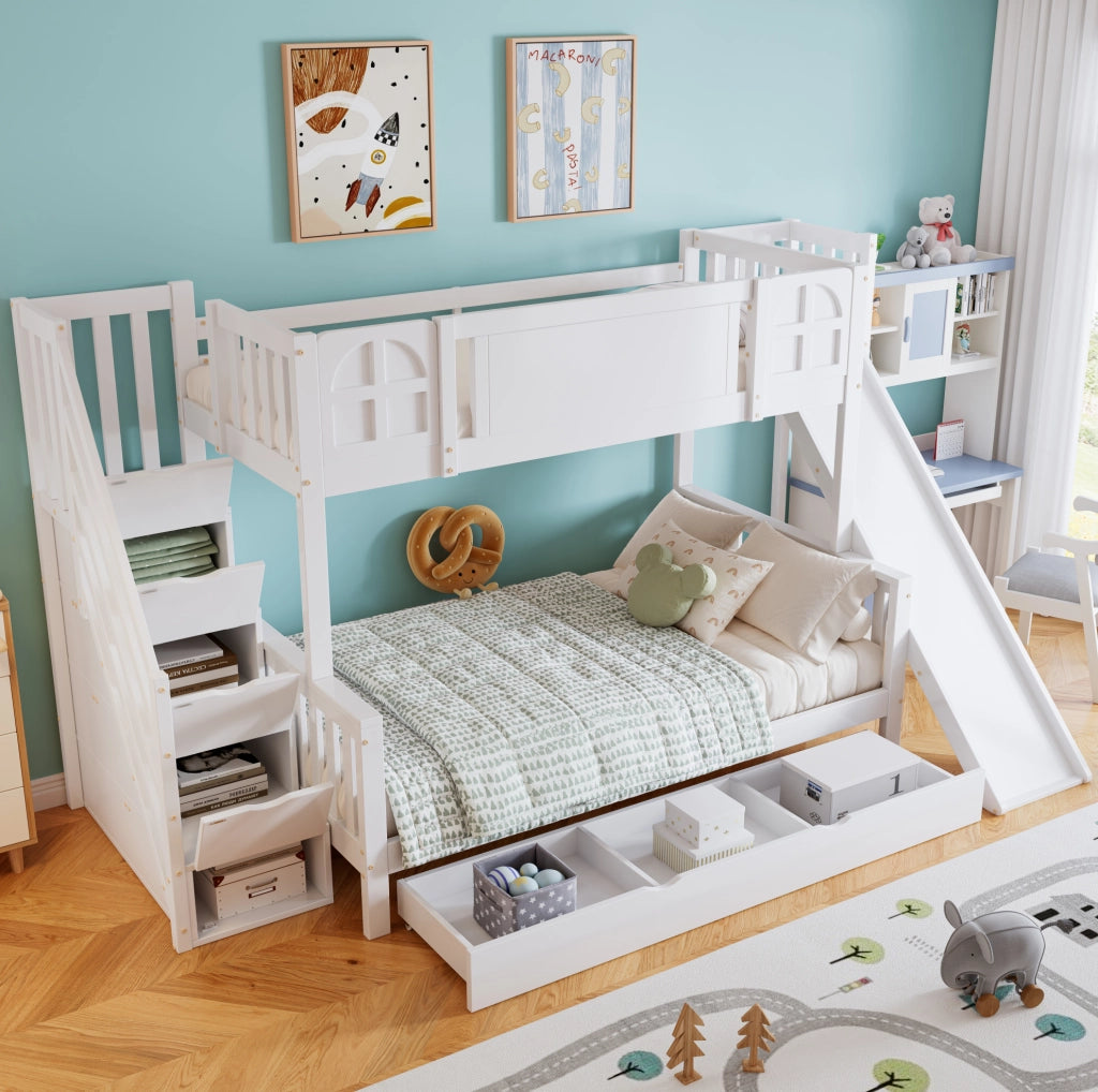 Letto a castello 90x200 cm bianco in pino e MDF con scivolo e scale