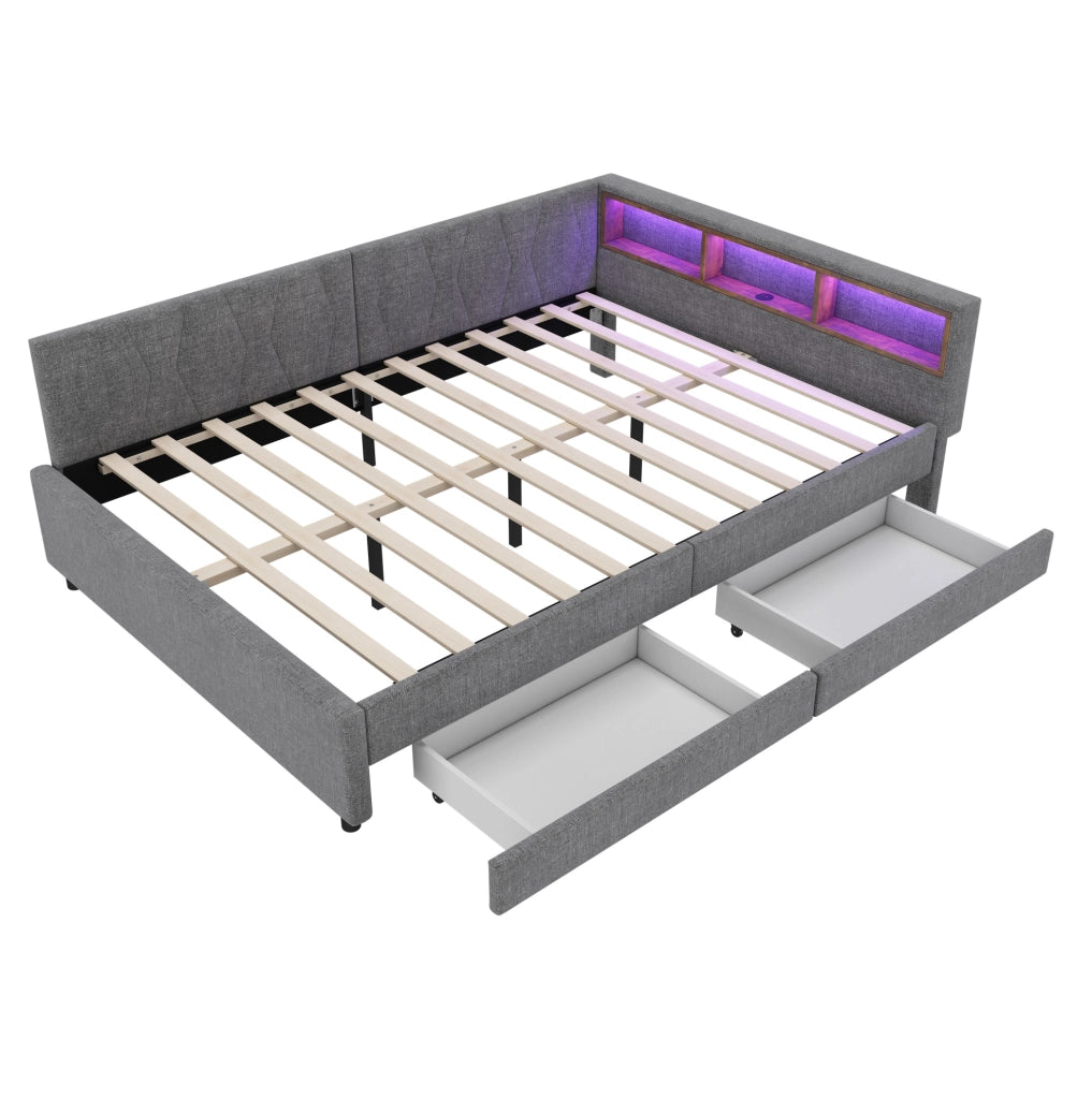 Letto 140x200 cm con LED; USB+Type C e cassetti in lino grigio