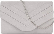 Clutch elegante per donne con fodera in velluto, tasca avvolgibile in pelle suède con cinturino e catena, colore grigio chiaro