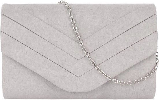Clutch elegante per donne con fodera in velluto, tasca avvolgibile in pelle suède con cinturino e catena, colore grigio chiaro