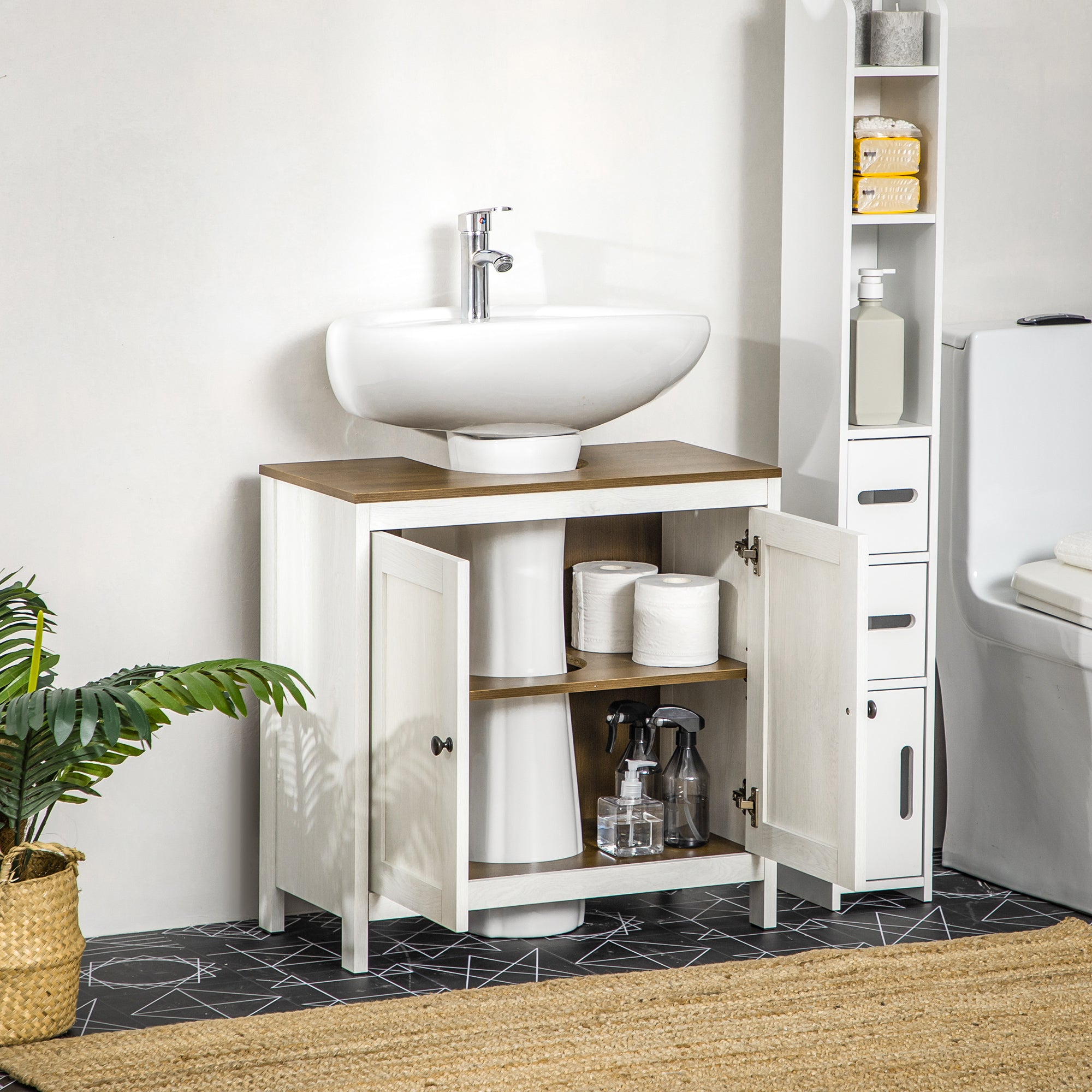 Mobile Sotto Lavabo Bagno 60x30x60 cm con Ripiano Interno Regolabile in Legno Bianco e color Noce
