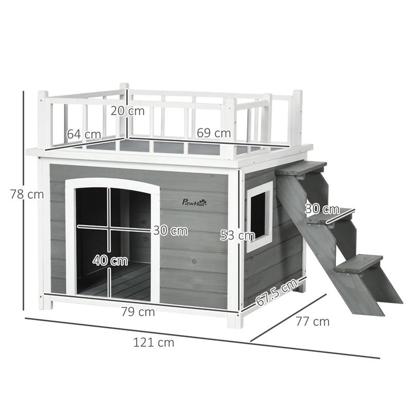 CASETTA PER CANI CON TERRAZZA SCALETTA E FINESTRA 121X77X78CM GRIGIO CHIARO