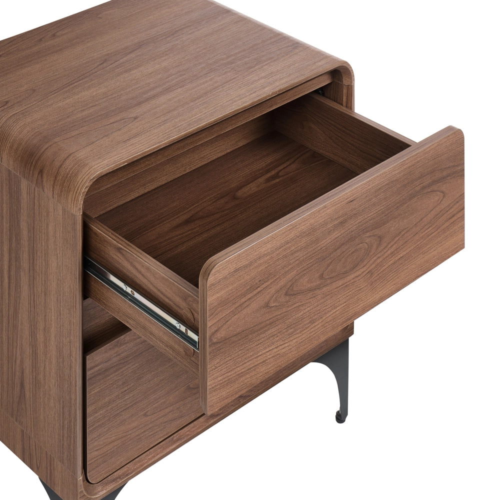 Comodino marrone scuro in MDF con 2 cassetti e gambe in ferro dal design moderno per camera da letto
