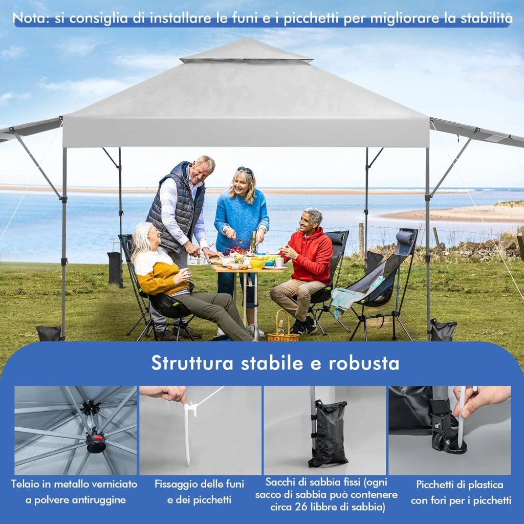 Gazebo Pieghevole da Giardino 3 x 3 m, Gazebo da Esterno con Design a Doppia Tenda, Design Pop Up e 4 Sacchetti di sabbia, Altezza Regolabile, Ideale per Feste, Giardino e Spiaggia (Bianco)
