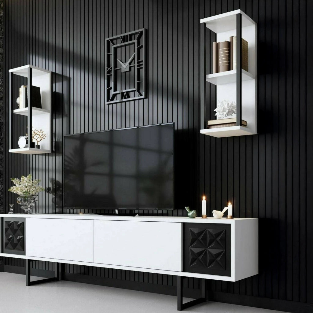 Mobile porta TV Axa, Credenza da soggiorno, Armadio basso per TV, Base parete attrezzata, 180x30h48 cm, Bianco e Nero