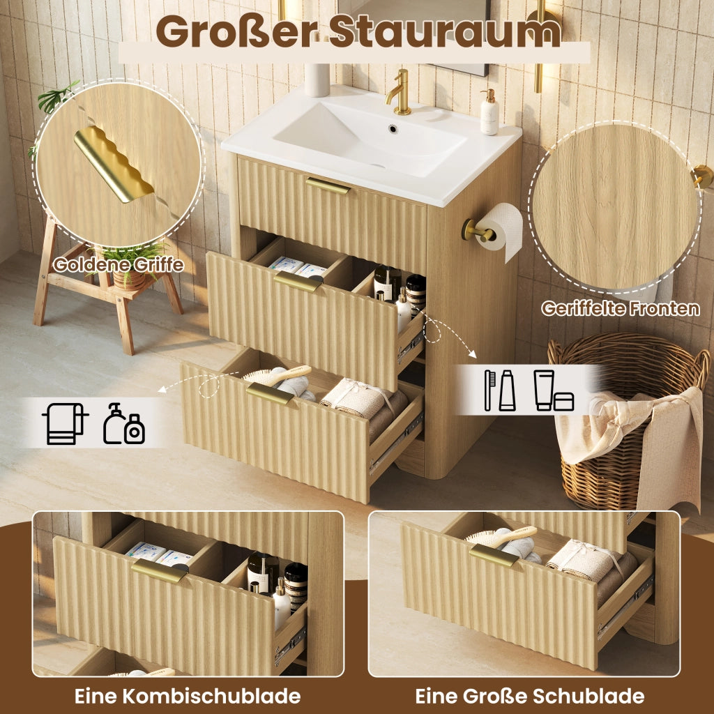 Mobile sottolavabo con lavabo in ceramica, 2 cassetti e portarotolo reversibile, per bagno, in MDF, naturale, 61 × 47 × 82 cm