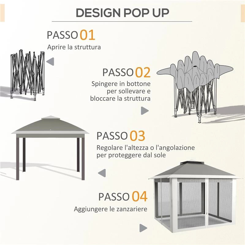 GAZEBO DA ESTERNO AD ALTEZZA REGOLABILE CON ZANZARIERE IN METALLO E TESSUTO OXFORD 3.3X3.3X2.8 M GRIGIO SCURO