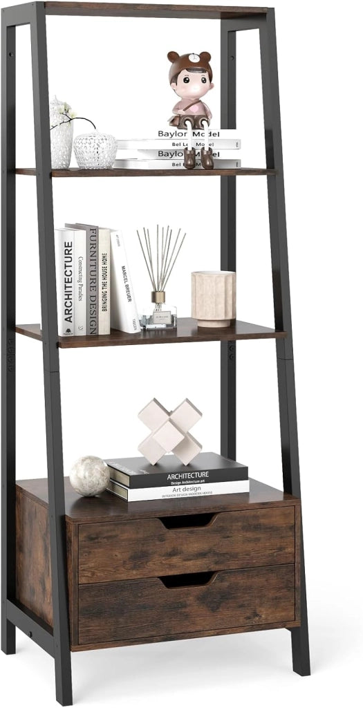 Scaffale a Scala, Libreria in Legno a 4 Ripiani con 2 Cassetti, Scaffale Salvaspazio da Terra per Camera da Letto, Studio, Ufficio e Soggiorno, 52 x 39,5 x 134 cm (Marrone)