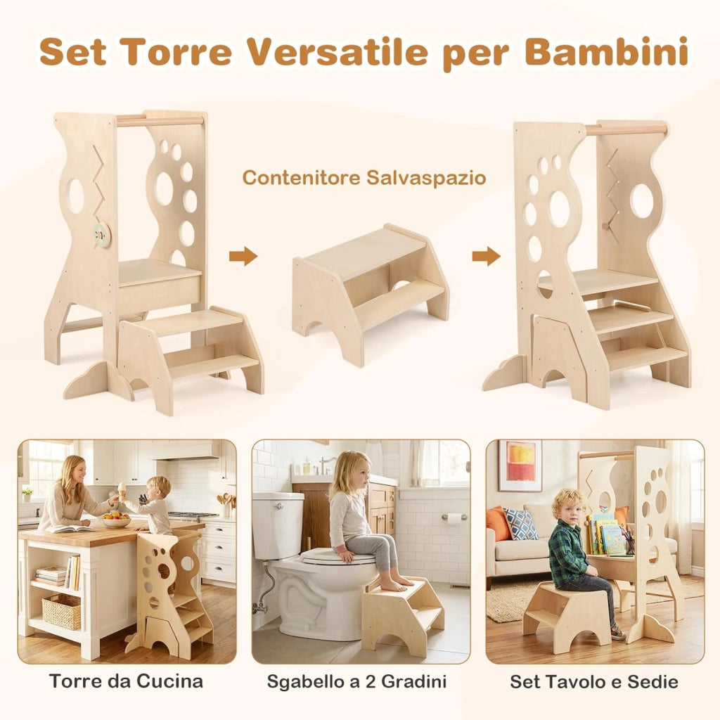 Torretta Montessoriana 2 in 1 in Legno, Torre di Apprendimento con Barre di Sicurezza Rimovibili e Sgabello a 2 Gradini, Set Versatile con Giochi Sensoriali per Bambini 3+ Anni