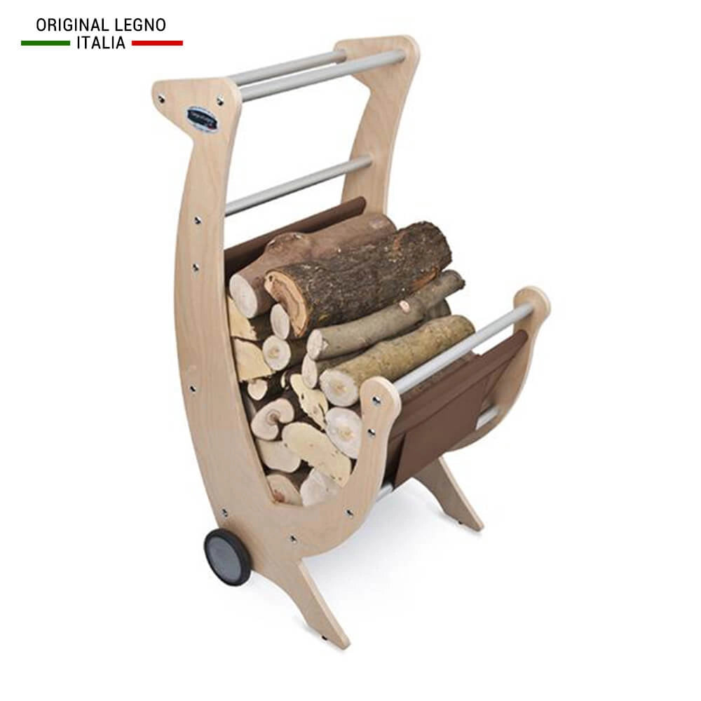 CARRELLO PORTALEGNA E LEGNAIA IN LEGNO CON TELO MARRONE CON RUOTE RIVESTITE IN GOMMA L.50 x P.50 x H.100 100% FABBRICATO IN ITALIA