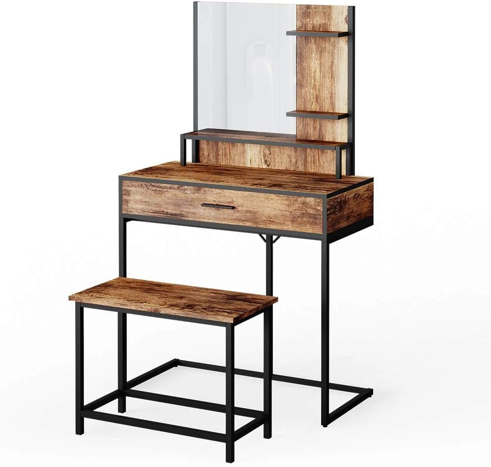 Tavolo da toeletta Fyrk, Legno antico, 80 cm con sedia, adatto come seduta e piano d’appoggio per area trucco