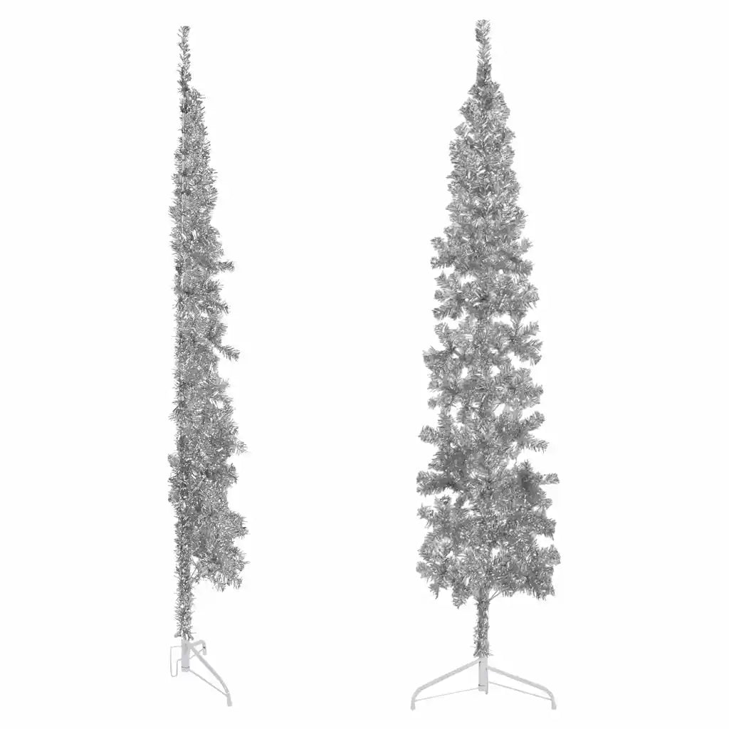 Albero Natale Artificiale Sottile a Met¨¤ Supporto-Albero Natalizio Argento 210cm
