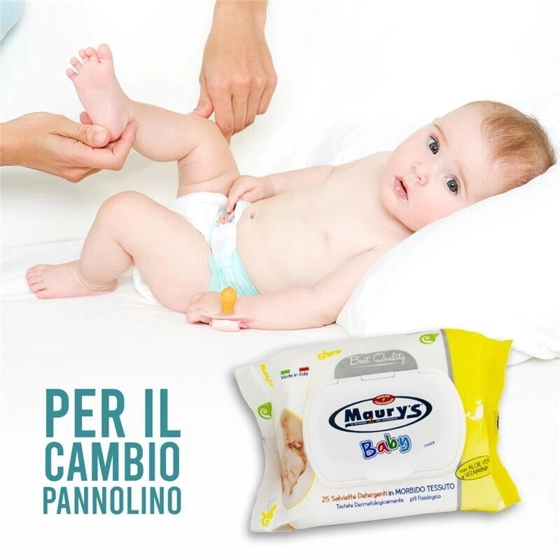 MAURY'S SALVIETTE DETERGENTI UMIDIFICATE PER BAMBINI BABY 25PZ ALOE VERA VITAMINA E BEST QUALITY
