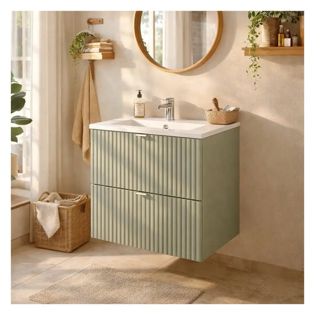 Insieme ELVINA 50cm: mobile sotto lavabo con cassetti in verde salvia grigio + lavabo da incasso in ceramica bianca
