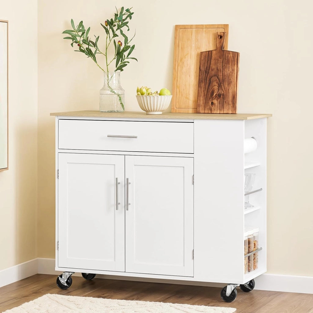 Isola Cucina con Ruote – Carrello Cucina Salvaspazio con Cassetto e Ripiano Regolabile – Mobiletto Cucina con Piano di Lavoro, da Pranzo o per Penisola Cucina, Bianco 99x40x85 cm FKW133-WN