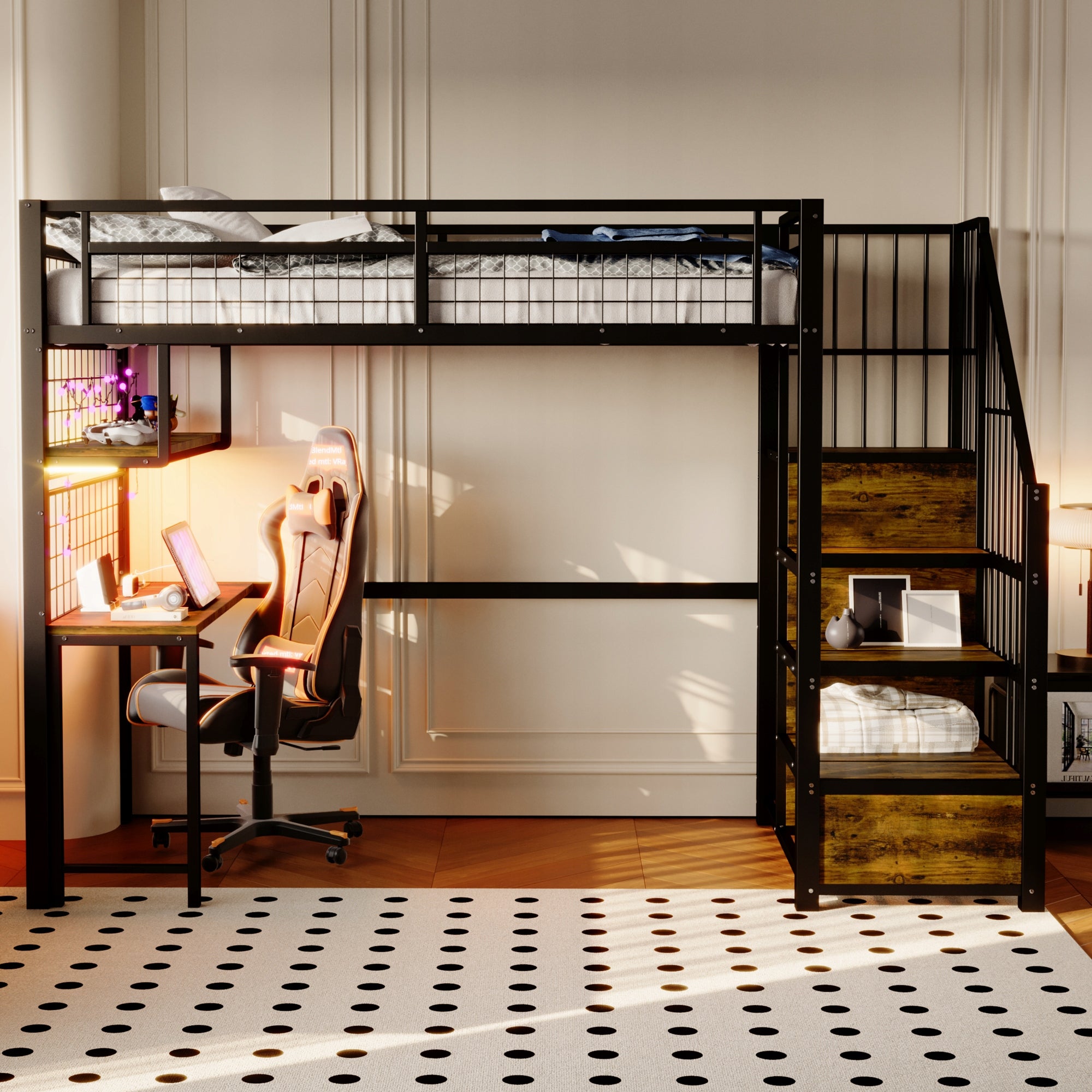 Letto a castello 90x200 nero - Xylo - con illuminazione e ripostiglio