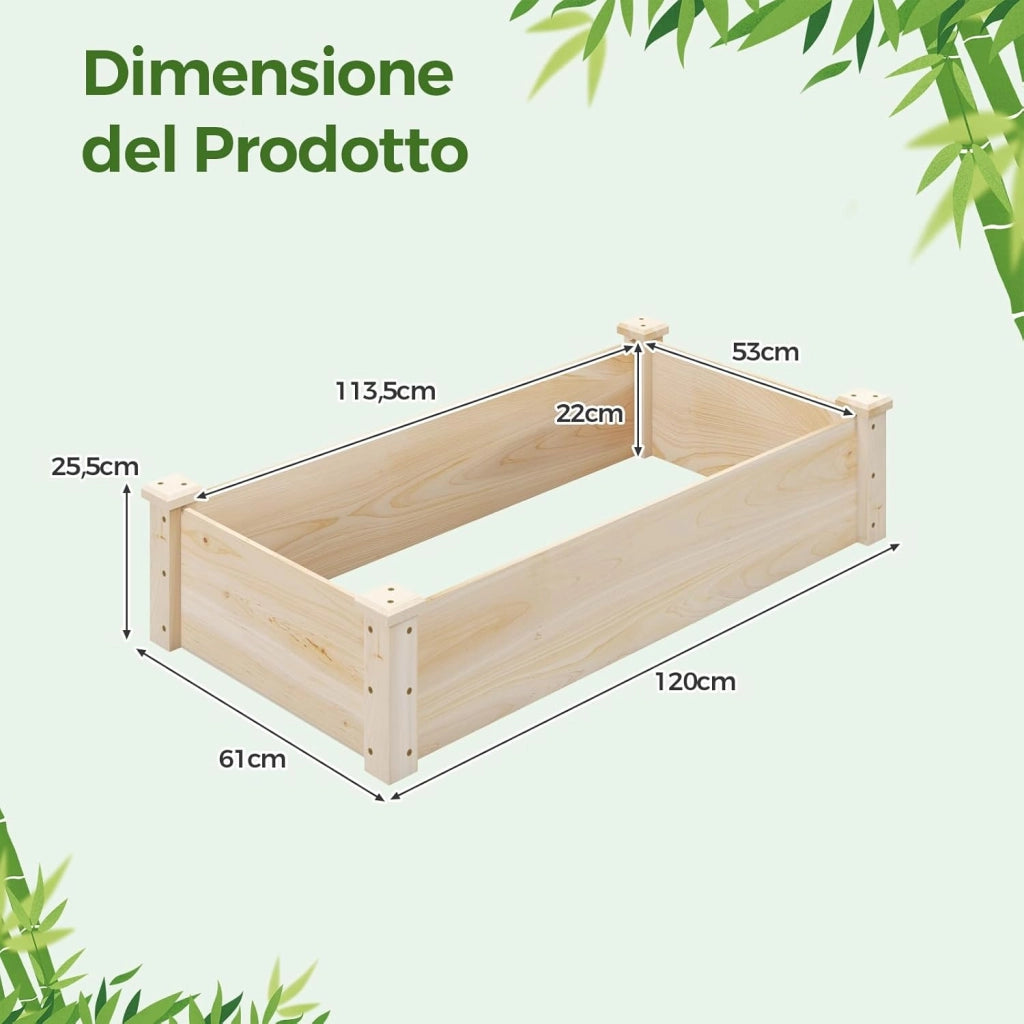 Letto da Giardino Rialzato, Letto Elevato per Orto in Legno di Abete, Fioreria per Erbe, Verdure e Frutta, Ideale per Giardino, Cortile e Balcone 120 x 61 x 25,5 cm