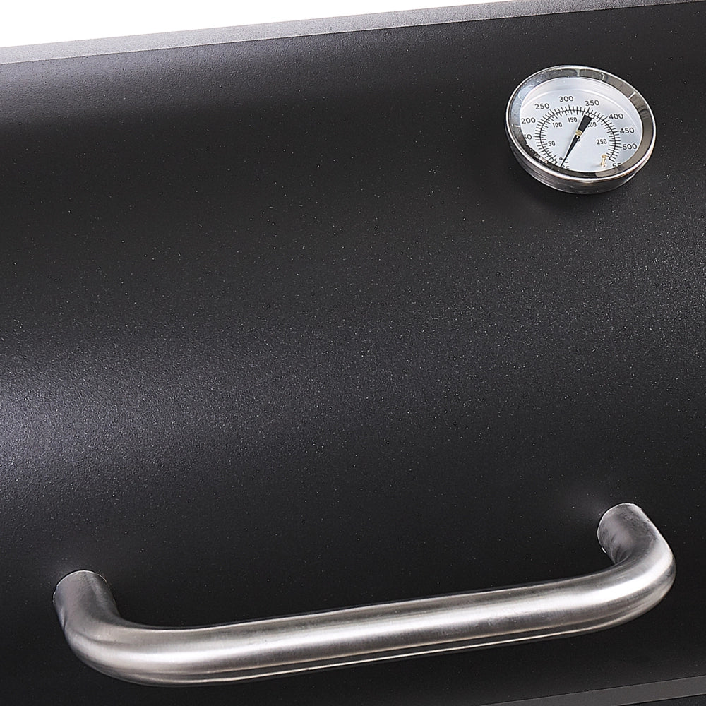 Griglia per barbecue a carbonella in acciaio Nero con coperchio con ruote Griglia di cottura con ripiano affumicatore sfalsato
