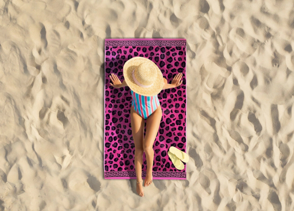Telo Mare Jacquard Spugna Asciugamano Spiaggia Disegno Cleopatra Fucsia