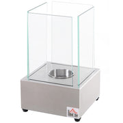 EasyComfort Camino a Bioetanolo da Tavolo con Bruciatore da 0.4L, Biocamino in Acciaio e Vetro per Interni ed Esterni, 20x20x33cm, Argento