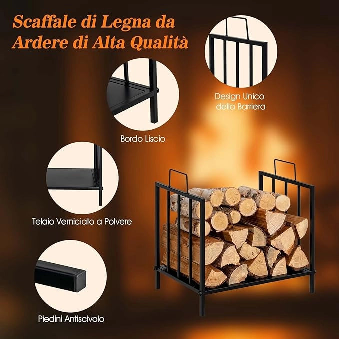 Porta Legna per Interni ed Esterni, Porta Legna per Camino con Comoda Maniglia e Piedini Rialzati, Portalegna da Ardere per Caminetti, Stufe e Focolari, Portata 50 kg (46 x 31 x 46 cm)