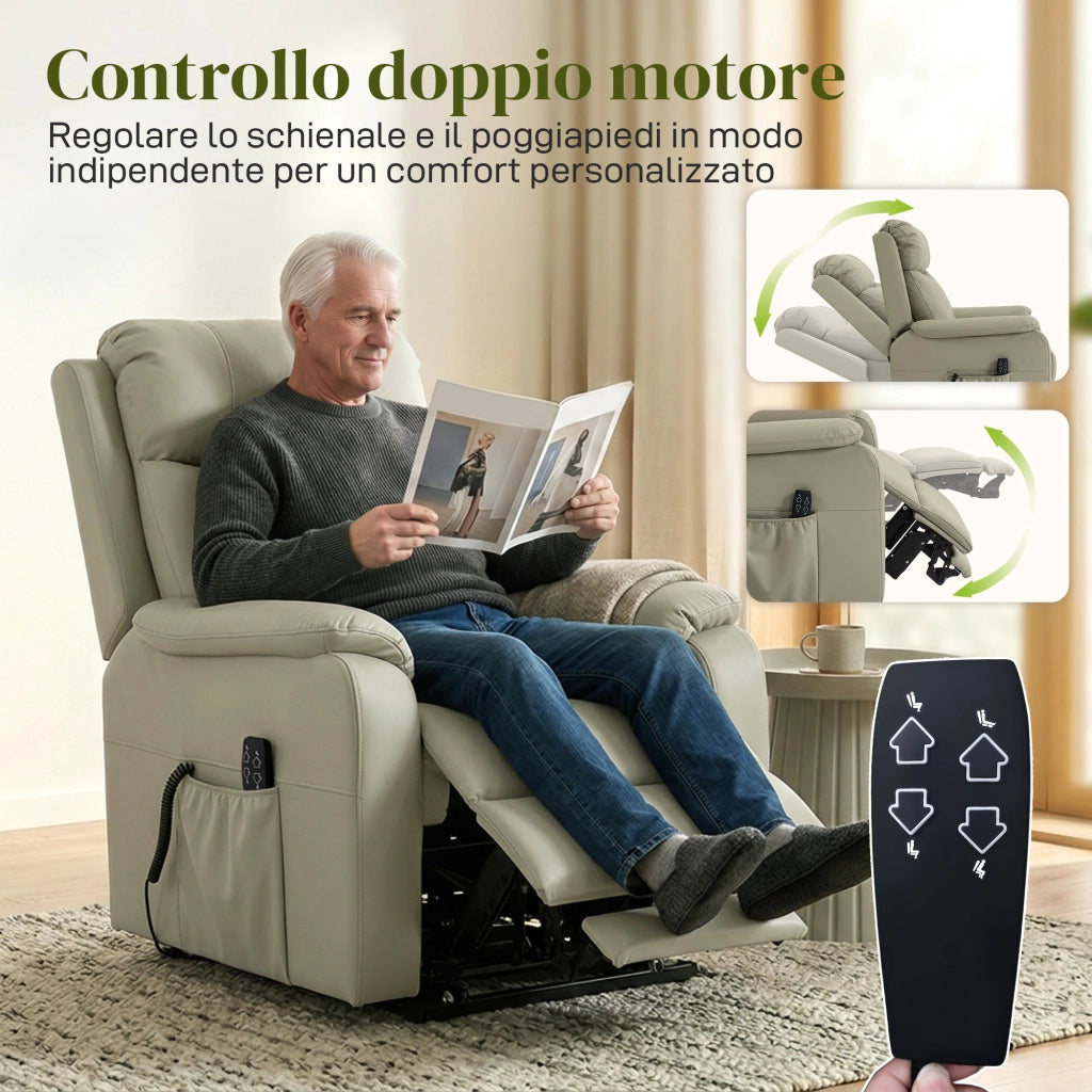 Poltrona Elettrica Alzapersona 87x96x105 cm Reclinabile 170° con 2 Motori Telecomando e Poggiapiedi in Pelle Finta