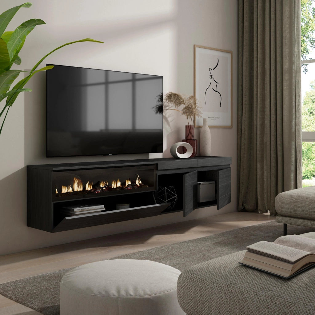 Mobile TV, 200x35x45cm, soggiorno, Per TV fino a 80", Camino elettrico, da appendere, Nero RF2183