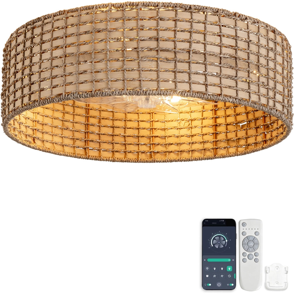 Ventilatore da soffitto con luce in rattan; controllo Bluetooth e telecomando; colore rame