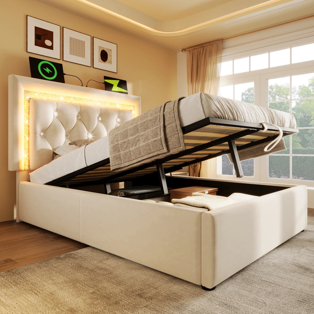 Letto imbottito idraulico con LED e USB 90x200 cm velluto beige