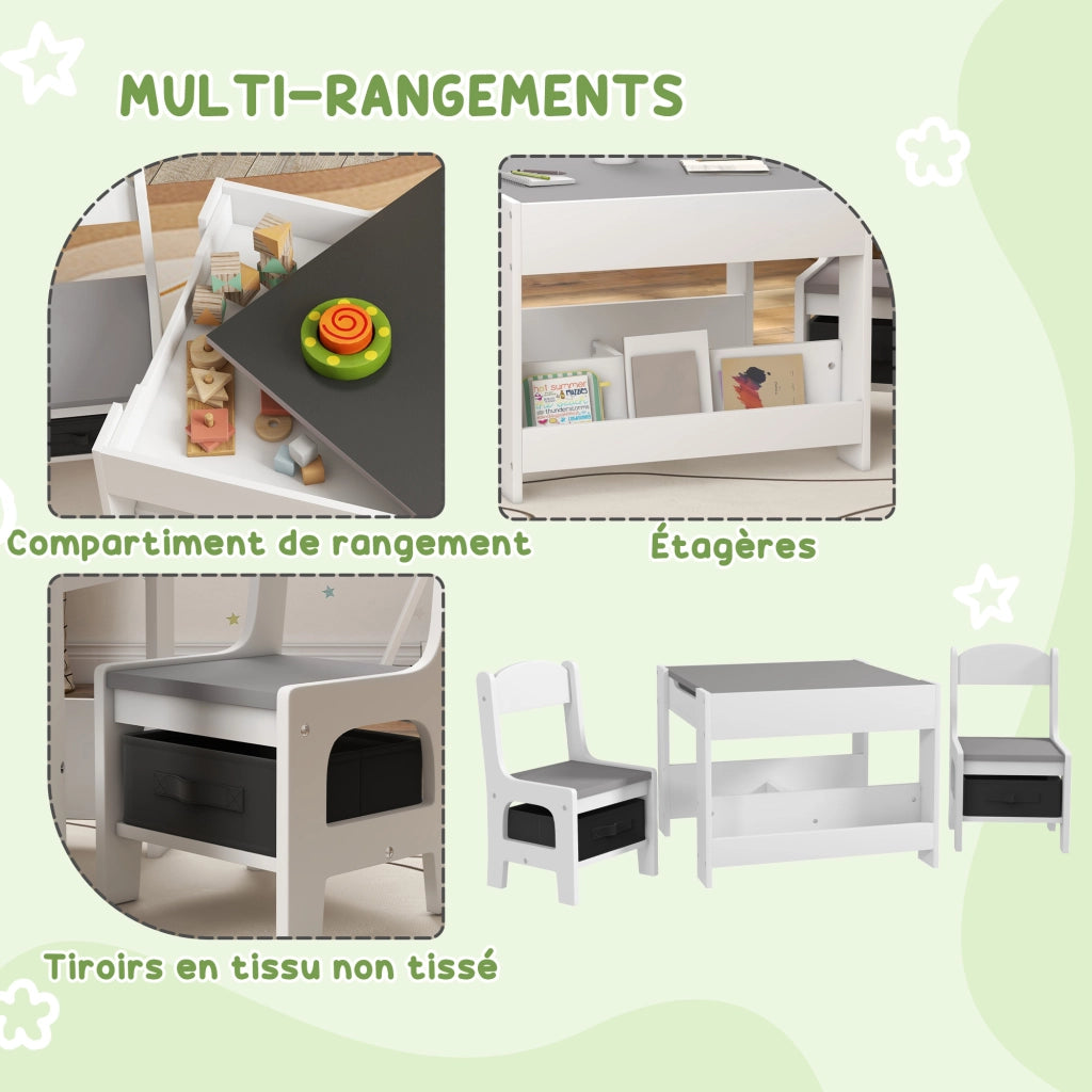 Set tavolo e sedie bambini con piano lavagna, scaffale e cestino ¨C zephmum ¨C Bianco